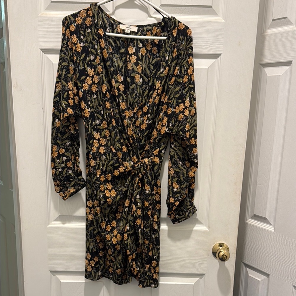 Entro Black and Gold Wrap Dress with Bishop Sleeves